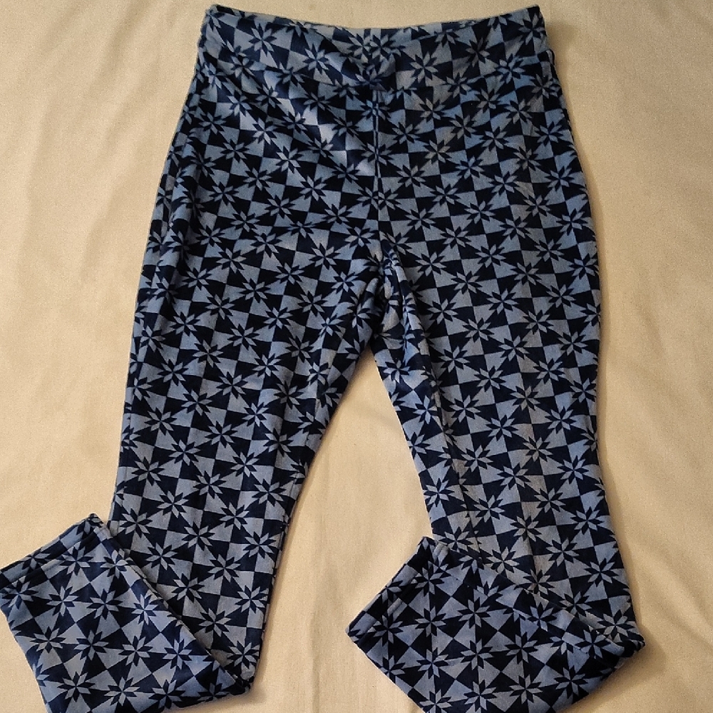 Lands' End Velour Blue Patterned Fleece Pants Super Soft Cozy Lounge Wear EUC